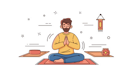 Male character meditating indoors with calm expression and zen decor elements