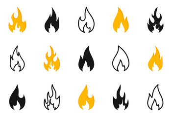 Fire icon set. Flat, glyph and line fire icons. Hot flaming elements. Campfire pictogram. Design elements collection.