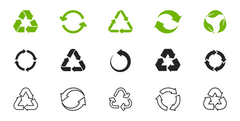 Set of green recycling icons. Recycle symbol. Rotation arrow pack. Reuse cycle. Vector eco icons