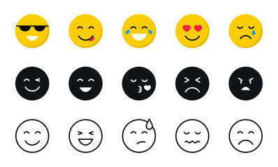 Emoticons icon set. Emoji flat, glyph and line icons. Smile icons cartoon. Stickers emoticon. Vector flat icons for social media.