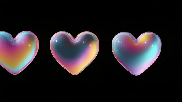 Colorful iridescent heart shapes on black background