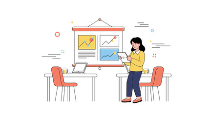 Asian female adult presenting data analysis in modern office setting