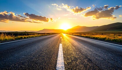 まっすぐに地平線へと続く一本道と、力強く昇る朝日の光。
広い空と空白の空間が、挑戦と旅立ちの緊張感を際立たせます。
