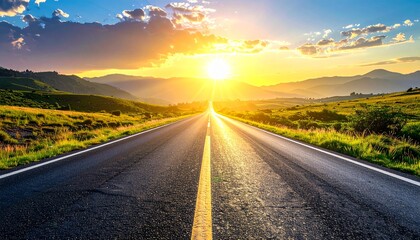 まっすぐに地平線へと続く一本道と、力強く昇る朝日の光。
広い空と空白の空間が、挑戦と旅立ちの緊張感を際立たせます。
