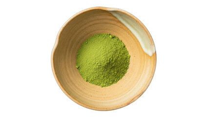 Isolated bowl of green matcha powder, healthy tea in ceramic bowl for wellness concept