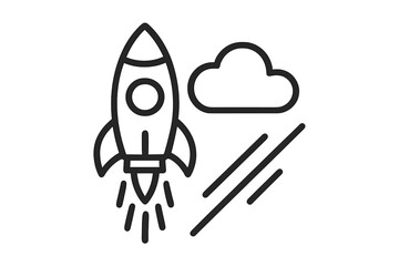 Minimalist line icon depicting rocket launching past a simple cloud shape