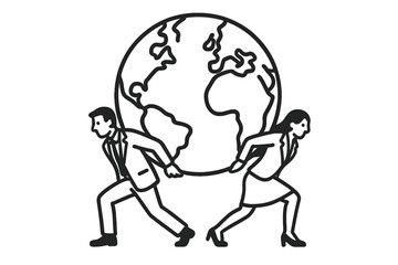 Business couple teamwork carrying heavy globe symbolizing global responsibility