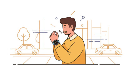 Young male checking smartwatch alerts on city street