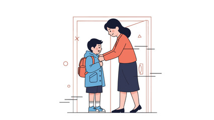 Caucasian female adult helping male child prepare for school at doorway