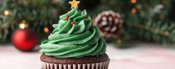 Christmas cupcake with green frosting shaped like tree decorated with red candy and star festive background holiday celebration