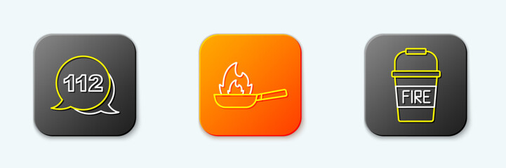 Set line Emergency call, Pan with fire and Fire bucket icon. Vector