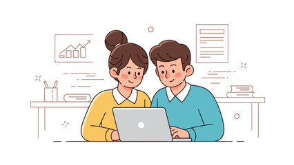 Young caucasian couple working together on a laptop in a home office setting