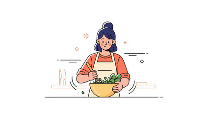 Asian female preparing salad in kitchen - culinary joy