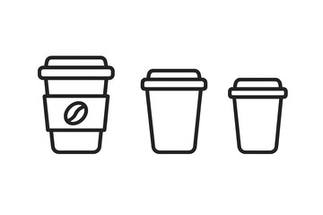 Three disposable coffee to go cups in varying sizes outline icons