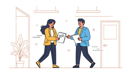 Young caucasian female and male professionals sharing documents in office setting