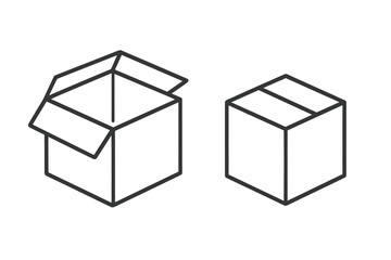 Isometric line icons representing open and closed cardboard shipping containers