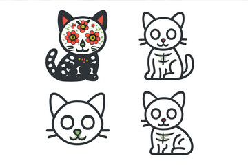 Cute cat icons with sugar skull and skeleton artistic designs