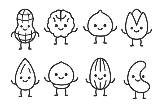 Collection of eight smiling cartoon nut characters with expressive faces and limbs
