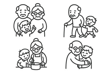 Elderly grandparents and young grandson enjoying various family activities together