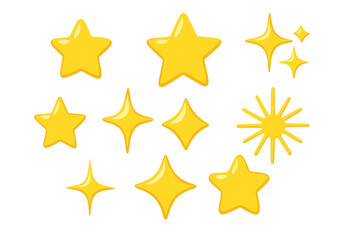 Collection of bright yellow star shapes and sparkling glitter elements for festive decoration