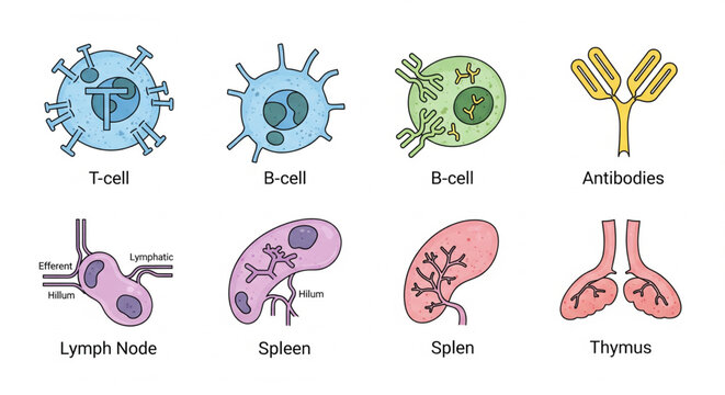 Illustrations of key components of the human immune system, including various cells and organs like T-cells, B-cells, antibodies, lymph nodes, spleen, and thymus.