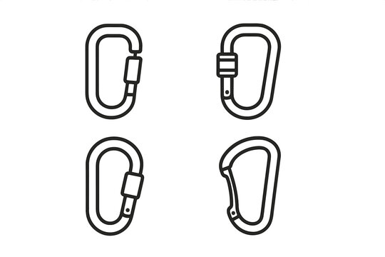 Four climbing carabiner icons featuring distinct gate mechanisms
