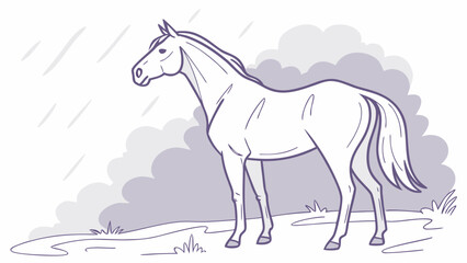 Obraz premium A serene white horse stands majestically in the rain, surrounded by soft, muted gray clouds that evoke a calm atmosphere.
