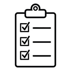 A simple black and white illustration of a clipboard with checkmarks
