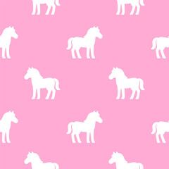 Seamless white horses pattern on a pink background creates a playful and whimsical design. Vector illustration ideal for textiles, wallpapers, and gift wrapping, adding charm and joy.