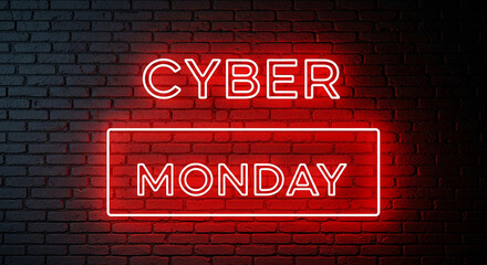 Red neon sign displaying "Cyber Monday" on a dark brick wall, promoting online sales and electronic commerce event, useful for retail concept