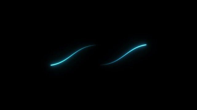 Abstract two neon curved lines pass in front of each other on black background. Moving and glowing neon lines animated.