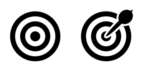 Black and White Circles Round Geometric Dart and Dartboard Arrow Aiming Target Bullseye Hit Accuracy or Accurate or Excellent Idea Opinion Misson Accomplished Symbol Sign Icon Set. Vector Image.