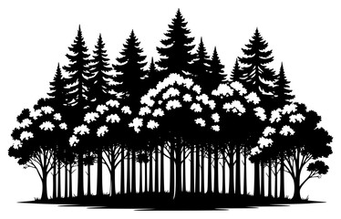 A black and white silhouette of a forest with tall trees and flowers, black, forest, grove, illustration, pine, profile, tree, white, against transparent background
