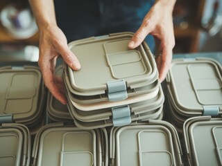Foods donate program charity concept. Hands holding stacked food containers, showcasing organization and minimalism.
