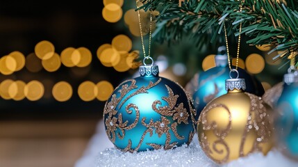 Blue and Gold Christmas Ornaments, HD Commercial Decoration Material, Ins-Style Luxury Christmas, Suitable for Christmas Decoration E-commerce Detail Pages, Holiday Marketing Posters