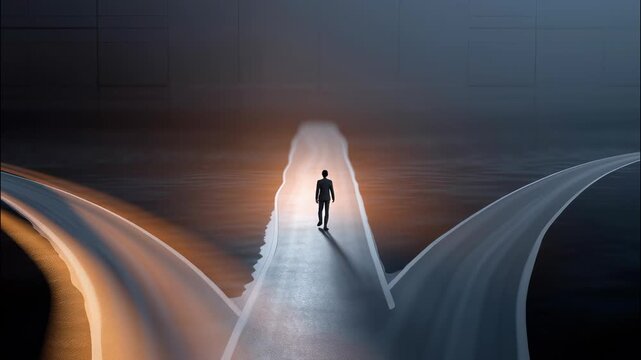 Man standing a crossroads. He is facing multiple diverging paths, representing and choices life future direction video 4k