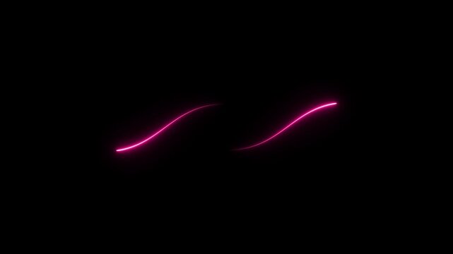 Abstract two neon curved lines pass in front of each other on black background. Moving and glowing neon lines animated.