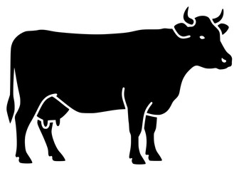Fototapeta premium A black silhouette of a cow standing on a , animal, black, bull, cattle, cow, illustration, profile, stand, trumpet, against transparent background