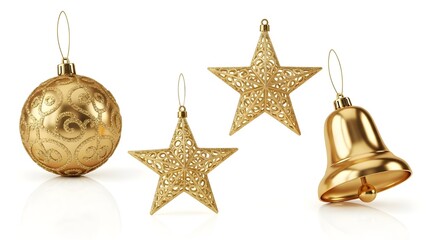 Elegant Golden Christmas Ornaments on White Background – Bauble, Stars, and Bell Decoration