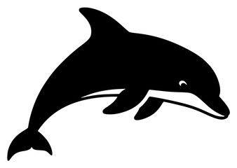 A black silhouette of a dolphin jumping, with a simple , black, dolphin, illustration, jump, profile, against transparent background