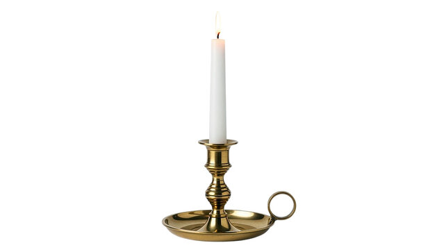 Antique brass candlestick with a white wax candle isolated on transparent background