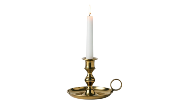 Antique brass candlestick with a white wax candle isolated on transparent background - Powered by Adobe