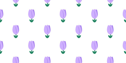 Purple tulip pattern on a white background created as a vector illustration. Ideal for textile, wallpaper, and decorative design projects with a spring floral theme.