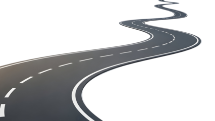 Stylized winding road with dashed white lines disappearing into the distance, representing a journey, progress, and forward-looking concepts.