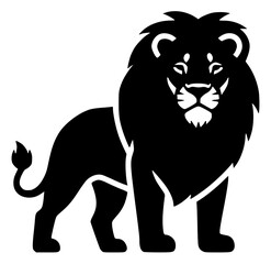 A black and white silhouette of a lion standing confidently, animal, black, illustration, lion, logo, profile, stand, against transparent background