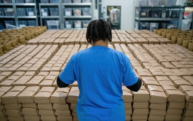 Foods donate program charity concept. Person organizing a large number of packages in a warehouse setting.