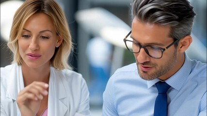 Healthcare professionals a businessman are discussing work, collaborating on documents using a laptop in office modern video 4k - Powered by Adobe
