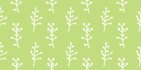 Vector illustration of a repeating leaf pattern on a green background. The design features simple, white leaf motifs evenly spaced, perfect for textiles, wallpapers, or digital projects.