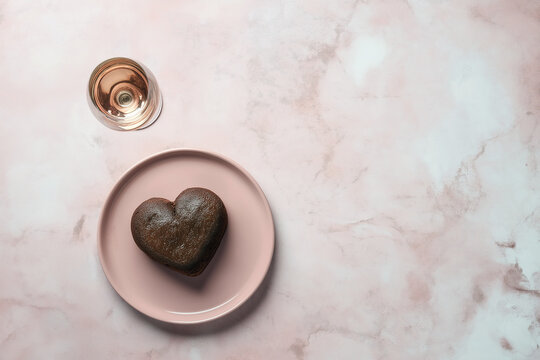 Heart-shaped chocolate dessert on a pink plate, accompanied by a glass of rose wine, set against a soft marble background, creating a romantic dining atmosphere - Powered by Adobe