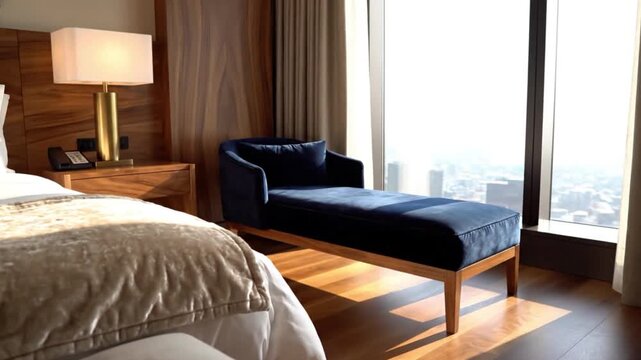 Modern hotel room featuring a cozy bed, elegant chair, and city skyline view through large windows